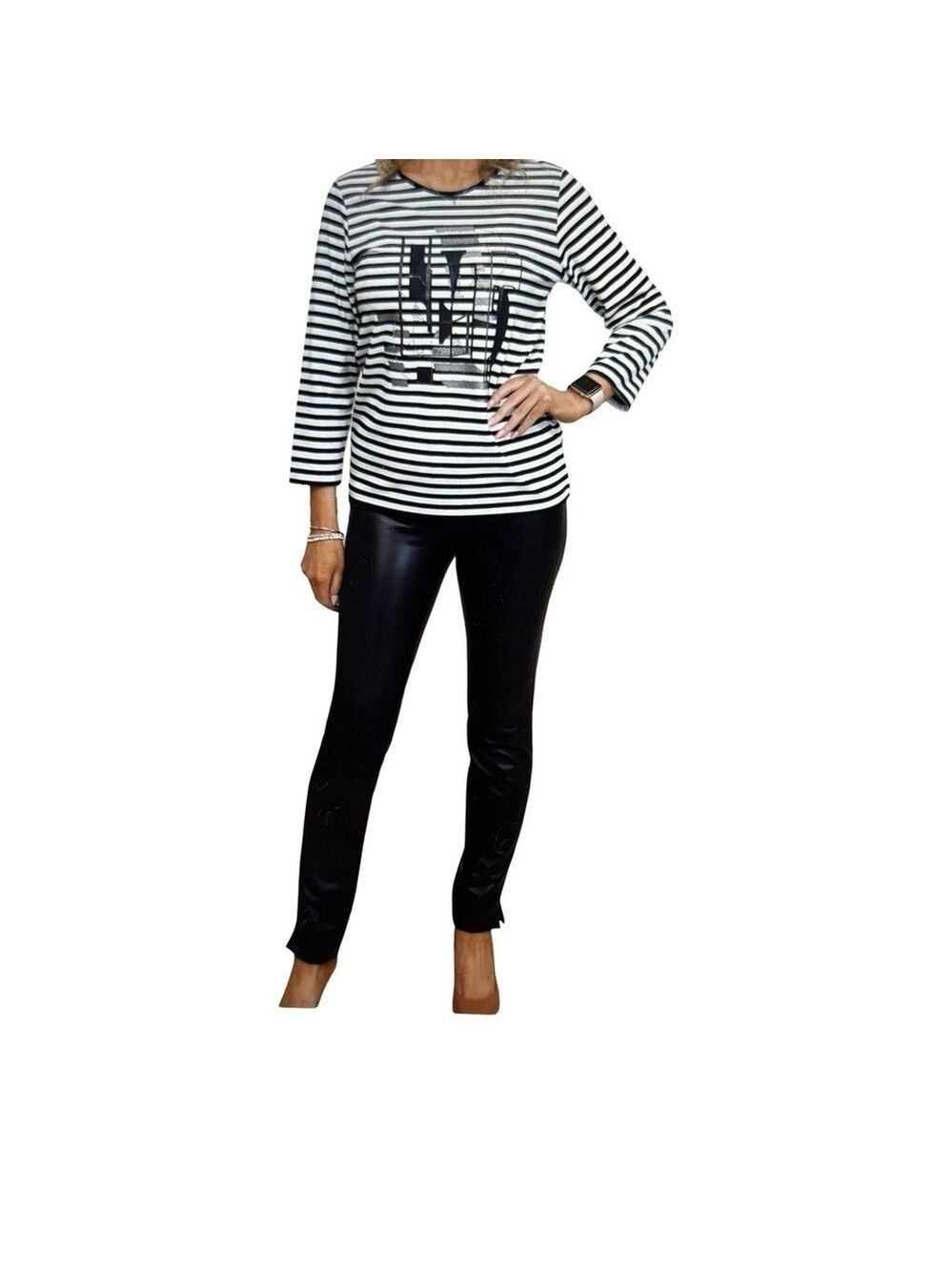 Striped Black and White Top With Grey Diamante Graphic